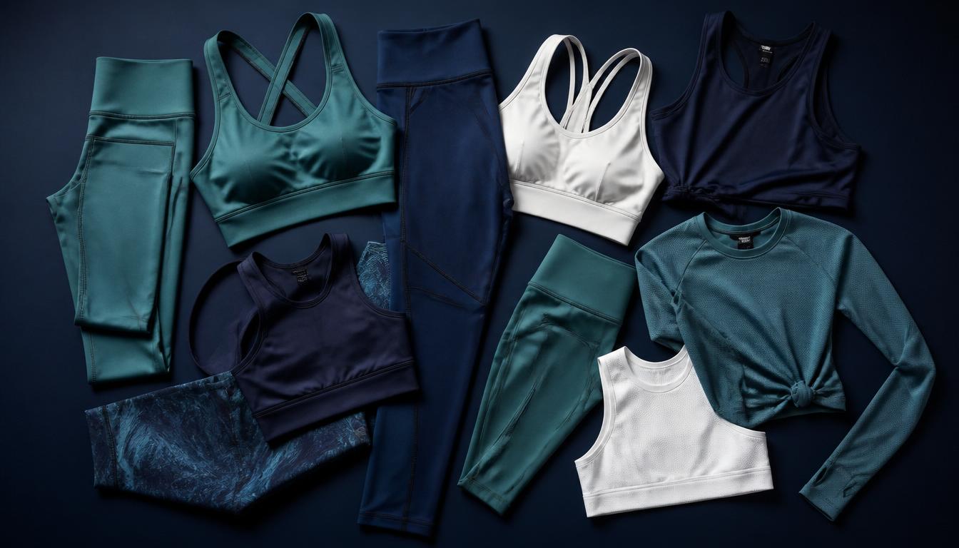 Premium gym wear flatlay including leggings, sports bras, and workout tops